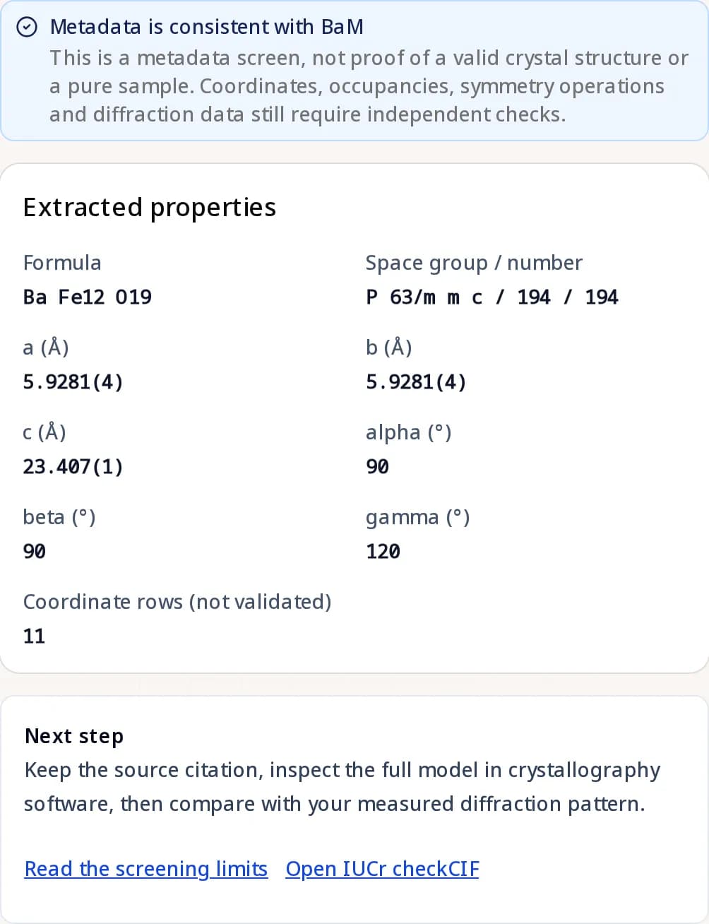 Barium ferrite CIF checker output for COD 1008327, showing consistent metadata and the limits of the check