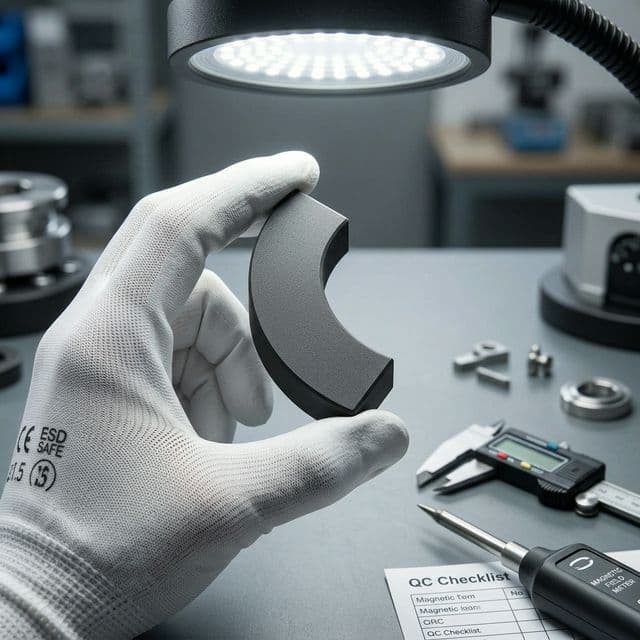 Ferrite magnet quality inspection process in factory production.