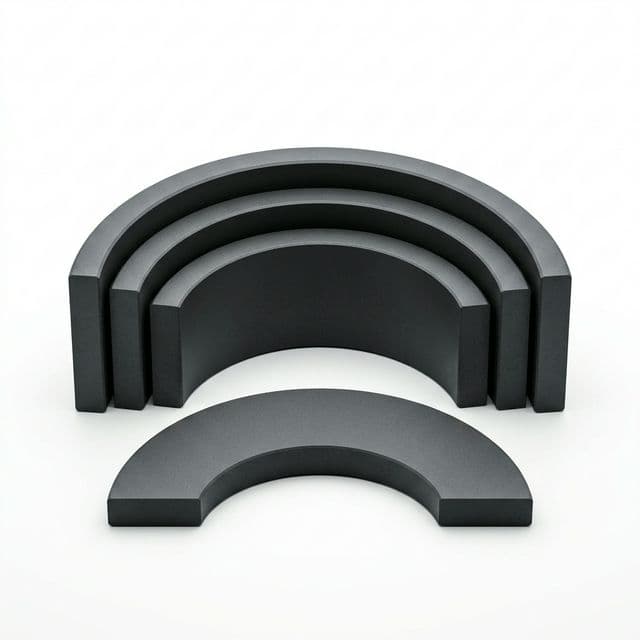 Sintered ferrite arc segments shown in three sizes with the curved pole faces visible.