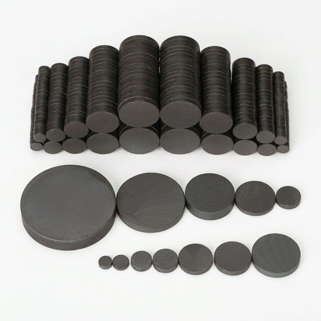 Ferrite disc magnets in stacked columns for size comparison from 10 mm to 40 mm.