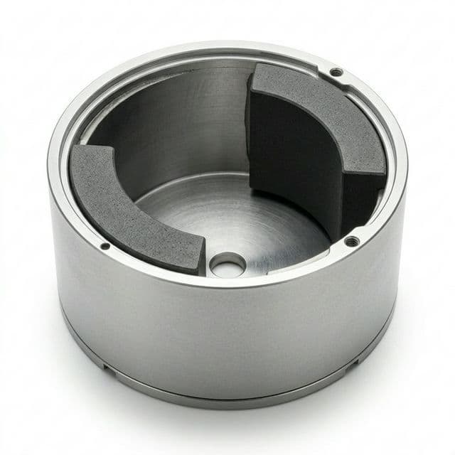 Ferrite stator casing for DC motor magnet integration.