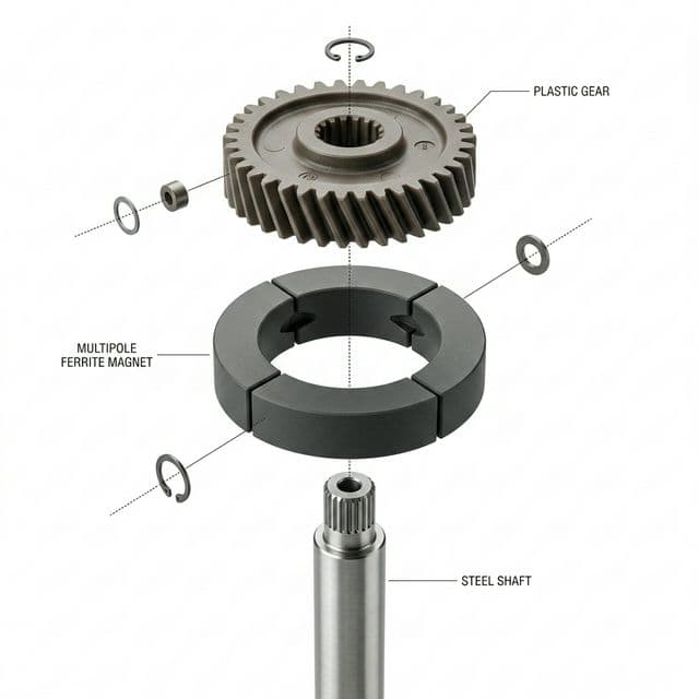 Exploded ferrite rotor assembly for motor architecture validation.